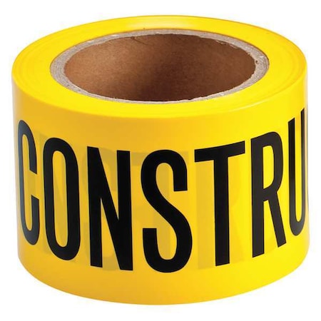 Barricade Tape, Caution Construction Area, Yellow, 3 in Wide x 200 ft Length, Polyethylene, 3 mil