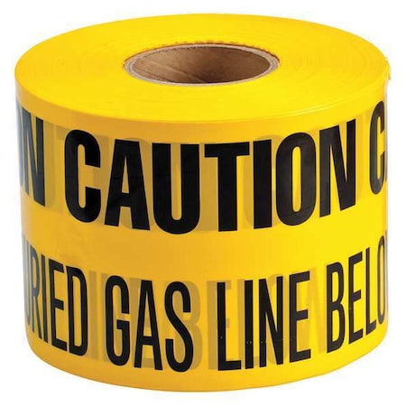Underground Marking Tape, Caution Buried Gas Line Below, Yellow, 6 in Wide x 1, 000 ft Length, 4 mil