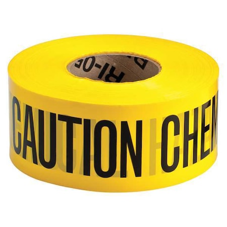 Barricade Tape, Caution Chemical Hazard, Yellow, 3 in Wide x 1, 000 ft Length, Polyethylene, 3 mil
