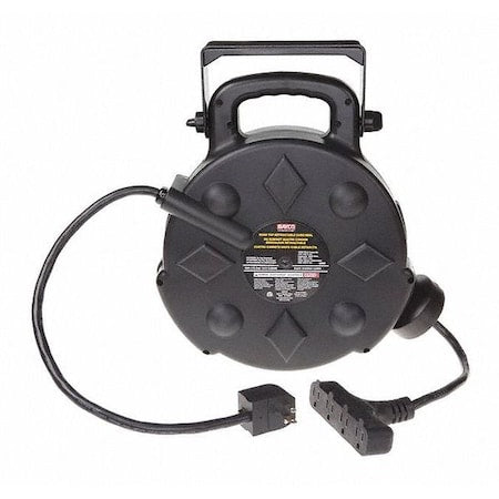 Cord Reel, 12 AWG, Black Reel Color, 50 ft Length, 4 Outlets