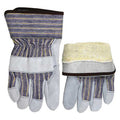 Leather Gloves, Cowhide, Safety Cuff, Wing Thumb, Gray (Palm), Blue/Yellow/Black Stripe (Fabric)