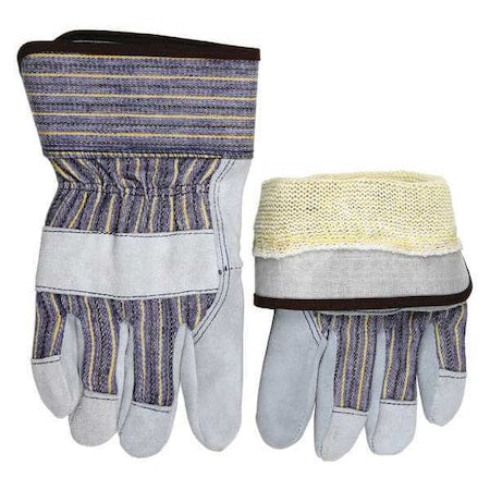 Leather Gloves, Cowhide, Safety Cuff, Wing Thumb, Gray (Palm), Blue/Yellow/Black Stripe (Fabric)