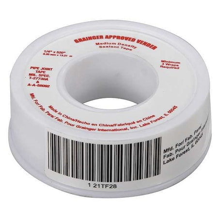 Thread Sealant Tape, 1/4 in W x 43 ft L, 4 mil Thick, White