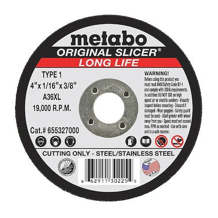 Abrasive Cut-Off Wheel, Type 1, 4 in Dia, 1/16 in Thick, 3/8 in Arbor Hole Size, Aluminum Oxide