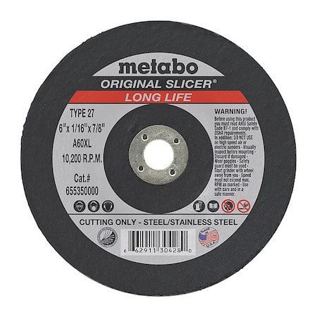 Abrasive Cut-Off Wheel, Type 27, 6 in Dia, 1/16 in Thick, 7/8 in Arbor Hole Size, Aluminum Oxide
