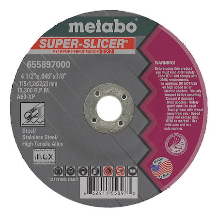 Abrasive Cut-Off Wheel, Type 27, 6 in Dia, 0.045 in Thick, 7/8 in Arbor Hole Size, Aluminum Oxide