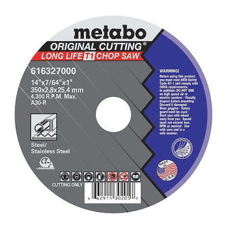 Abrasive Cut-Off Wheel, Type 1, 14 in Dia, 7/64 in Thick, 1 in Arbor Hole Size, Aluminum Oxide