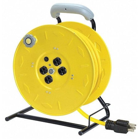 Cord Reel w/ Hand Lamp, Hand Operated, NEMA 5-15P, 12 AWG, Yellow Reel, 100 ft L (Formerly LumaPro)