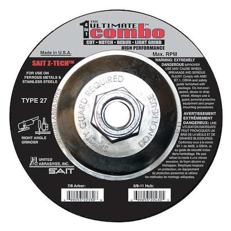 Depressed Center Cut-Off Wheel, Type 27, 4 1/2 in Dia, 0.095 in Thick, 5/8"-11 Arbor Hole Size