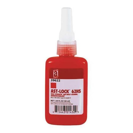 Threadlocker, ANTI-SEIZE TECHNOLOGY 62HS, Red, High, Liquid, 1.69 fl oz, Bottle
