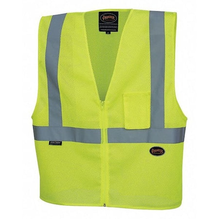Safety Vest, Polyester Mesh, ANSI Class 2, Zipper Closure, Cell Phone Pocket, Lime, XL