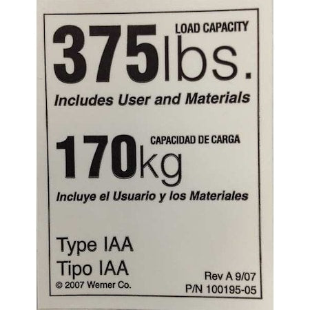 Duty Rating Label Replacement, 375 lb.