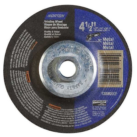 Depressed Center Grinding Wheel, Type 27, 4 1/2 in Dia, 0.25 in Thick, 5/8"-11 Arbor Hole Size