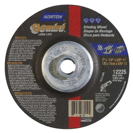 Depressed Center Grinding Wheel, Type 27, 5 in Dia, 0.25 in Thick, 5/8"-11 Arbor Hole Size, 24 Grit