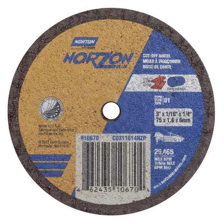 Abrasive Cut-Off Wheel, Type 1, 3 in Dia, 0.0625 in Thick, 1/4 in Arbor Hole Size, Ceramic, 36 Grit