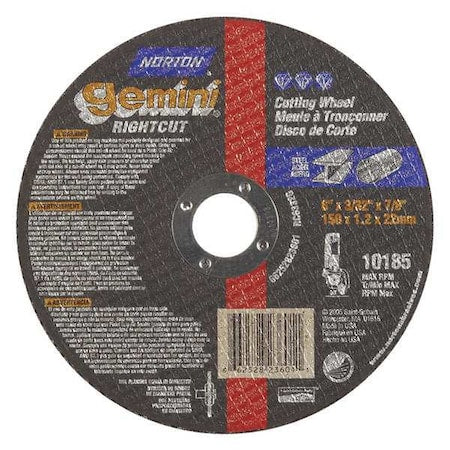 Abrasive Cut-Off Wheel, Type 1, 6 in Dia, 0.0938 in Thick, 7/8 in Arbor Hole Size, Aluminum Oxide