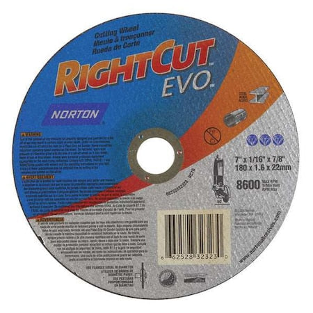 Abrasive Cut-Off Wheel, Type 1, 7 in Dia, 0.045 in Thick, 7/8 in Arbor Hole Size, Aluminum Oxide