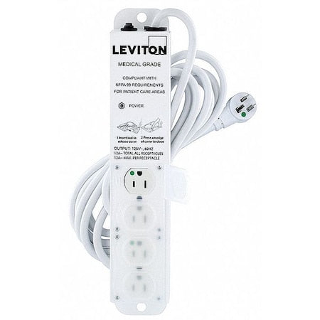 Outlet Strip, Medical Grade, 4 5-15R, 5-15P, 15 ft., White