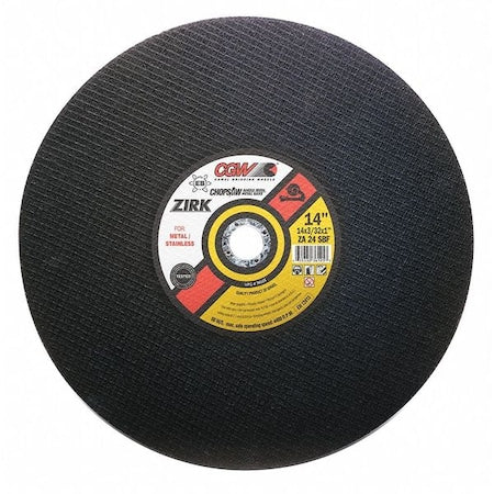 Abrasive Cut-Off Wheel, Type 1, 14 in Dia, 3/32 in Thick, 1 in Arbor Hole Size, 24 Grit