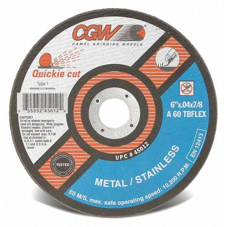 Abrasive Cut-Off Wheel, Type 1, 4 in Dia, 0.040 in Thick, 5/8 in Arbor Hole Size, 60 Grit