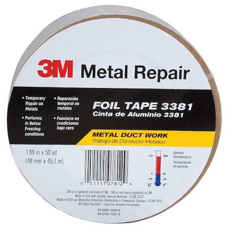 Foil Tape, Aluminum, Silver, 50 yd L, 2-3/4 in W