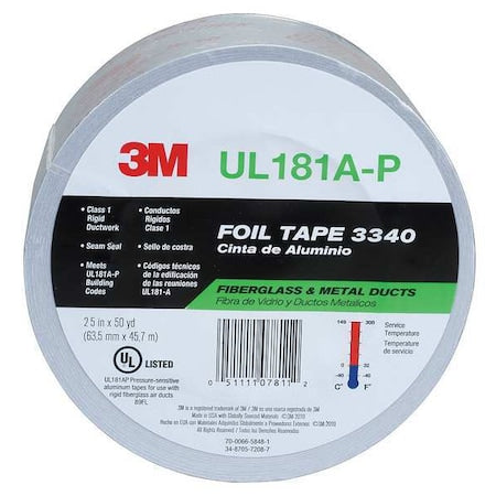 Foil Tape, Aluminum, Silver, 50 yd L, 2-1/2 in W
