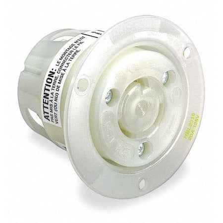 Flanged Locking Receptacle, L5-15R, 15 A, 125V AC, Single Phase, 2 Pole, Flush Mount, White