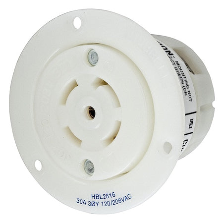 Flanged Locking Receptacle, L21-30R, 30 A, 120/208V AC, Three Phase, 4 Pole, Flush Mount, White