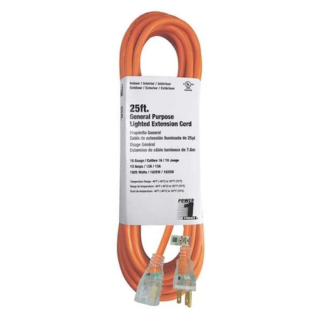 SJTW Outdoor Extension Cord, 16 AWG 1 Outlet, 5-15R, Orange, PVC, 5-15P, 25ft
