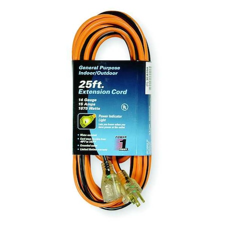 SJTW Extension Cord, 14 AWG, Outdoor, 14/3, 1 Outlets, 5-15R, Orange with Black Stripe, PVC, 5-15P