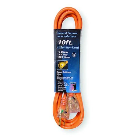 SJTW Outdoor Extension Cord, 16 AWG 1 Outlet, 5-15R, Orange, PVC, 5-15P, 10ft