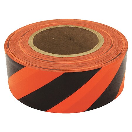 Flagging Tape, No Legend, Fluorescent Orange/Black, 1 3/16 in Wide x 150 ft Length, Vinyl, 2.5 mil