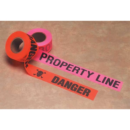 Flagging Tape, Property Line, Fluorescent Pink, 1 1/2 in Wide x 150 ft Length, Vinyl, 2.5 mil