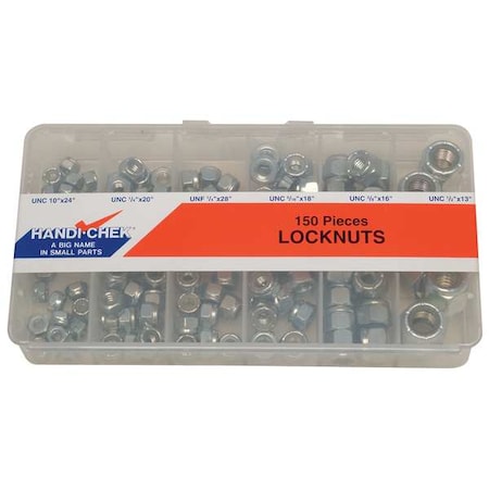 Zinc Plated Finish Steel Standard Hex Nylon Insert Hex Lock Nut Assortment, 150 pcs.