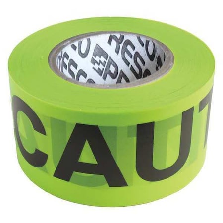 Barricade Tape, Caution, Fluorescent Green, 3 in Wide x 500 ft Length, Vinyl, 3 mil