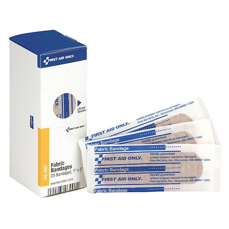 Adhesive Bandage, Strip Bandages, 1 in x 3 in, Fabric, Latex Free, Not Metal Detectable, 25PK