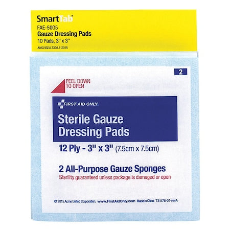 First Aid Kit Refill, 3"X3" Sterile Gauze Pads, 10 Per Bag