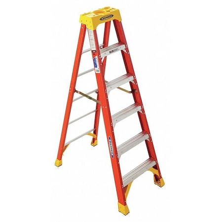 Fiberglass Stepladder, 6 ft Ladder Ht, 5 Steps, 300 lb, 41 1/4 in Base Spread, 23 3/8 in Bottom W