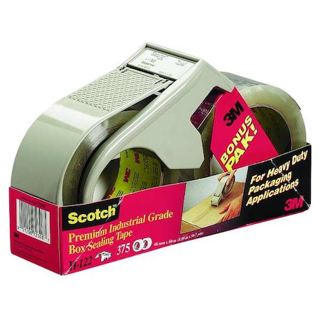 Packaging Tape with Dispenser, 2 in Max. Tape Width. 4 3/4 in Tape Core Dia, Clam Shell, Plastic