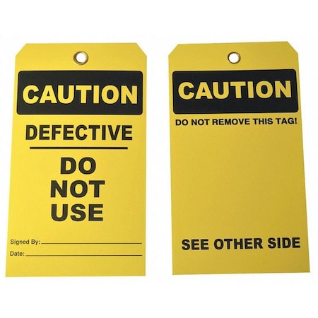 Tag, Caution, Cardstock, 7 in H x 4 in W, Yellow, Rectangle, 25 PK