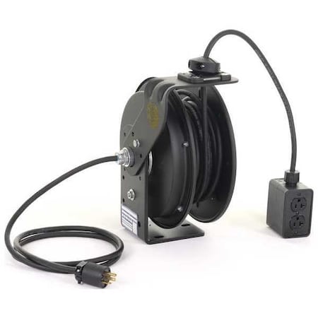 Cord Reel With Hand Lamp, Spring Retracted, NEMA 5-20R, 12 AWG, Black Reel Color, 25 ft Length