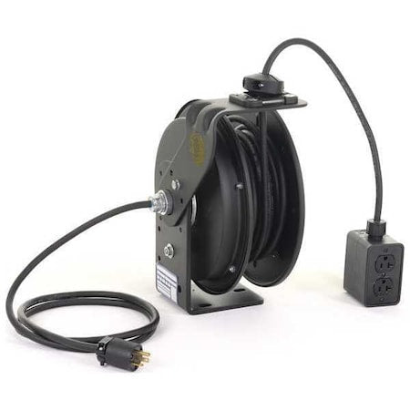 Cord Reel With Hand Lamp, Spring Retracted, NEMA 5-20R, 12 AWG, Black Reel Color, 50 ft Length