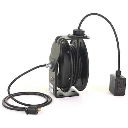 Cord Reel With Hand Lamp, Spring Retracted, NEMA 5-20R, 12 AWG, Black Reel Color, 50 ft Length