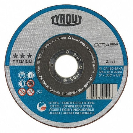 Abrasive Cut-Off Wheel, Type 27, 4-1/2 in Dia, 0.045 in Thick, 7/8 in Arbor Hole Size, 60 Grit