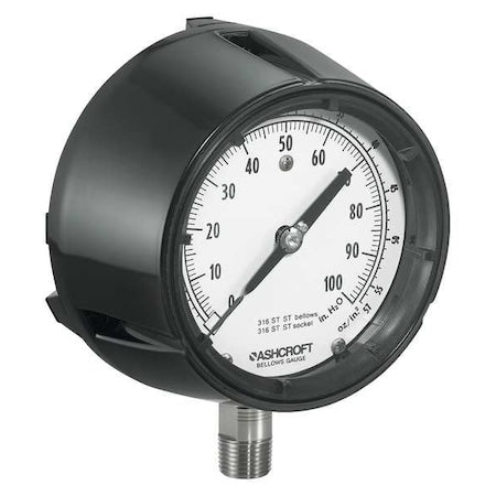 Low Pressure Compound Gauge, 30 to 0 to 30 psi, 4 1/2 in Dial, 1/2 in NPT, Bottom Location