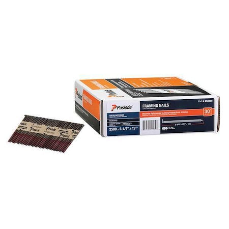 Collated Framing Nail, 3-1/4 in L, 10 ga, Brite, Flat Head, 30 Degrees, 2500 PK