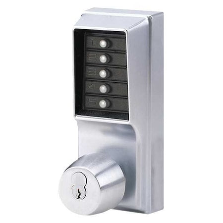 Mechanical Push Button Lockset, Satin Chrome, 1-3/8" to 2-1/4" For Door Thickness, 5 Number of Keys