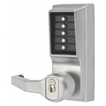 Mechanical Push Button Lockset, Satin Chrome, 1-3/8" to 2-1/4" For Door Thickness, 5 Number of Keys