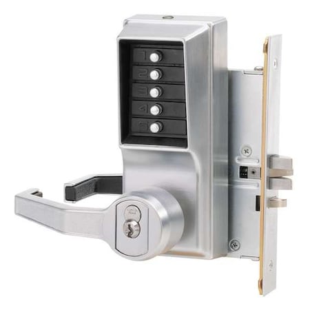 Mechanical Push Button Lockset, Satin Chrome, 1-3/4" to 2-1/4" For Door Thickness, 5 Number of Keys