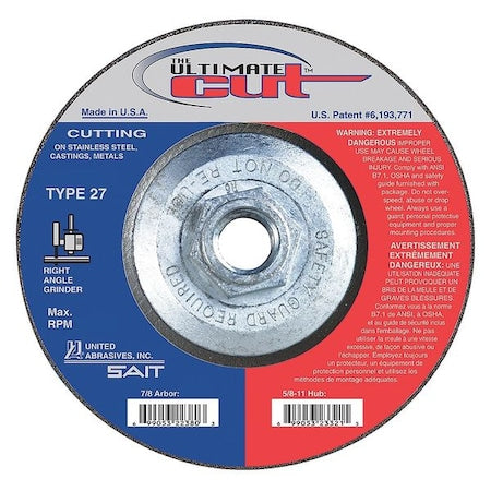 Depressed Center Cut-Off Wheel, Type 27, 5 in Dia, 0.045 in Thick, 5/8"-11 Arbor Hole Size, 60 Grit